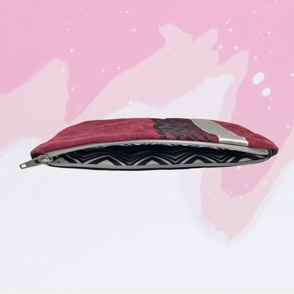Waterproof Make Up Bag Maroon Velvet W/ Lace